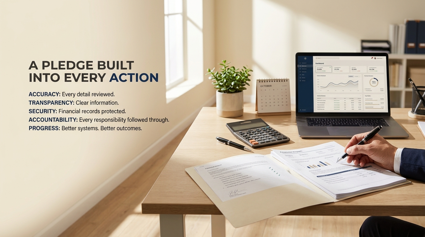 A professional signing financial reports at a sunlit desk with a laptop dashboard, calculator and folder — a pledge built into every action